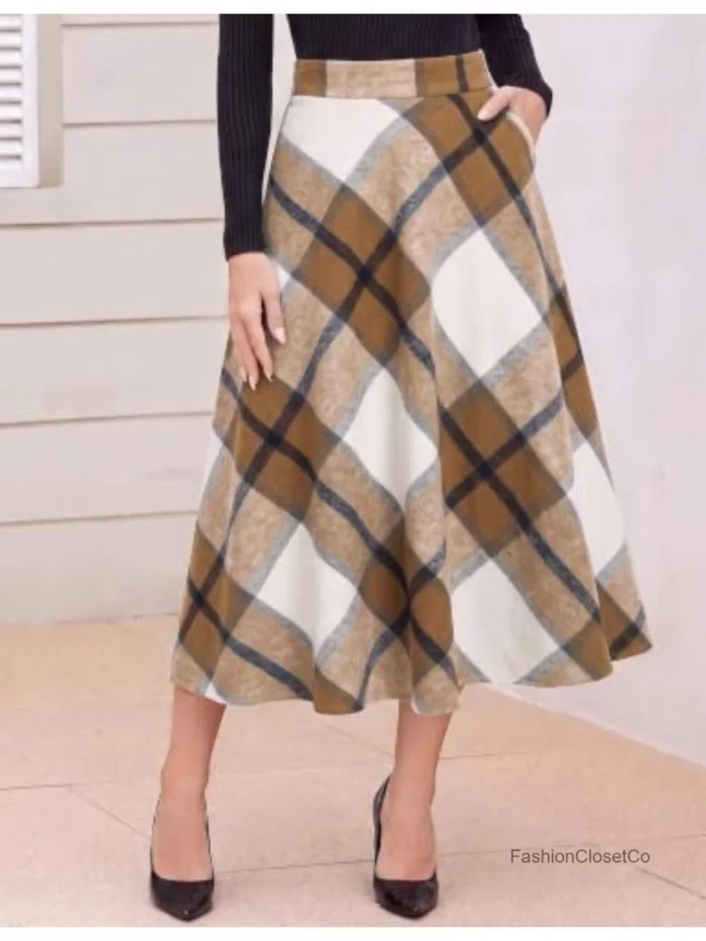 Elastic Waist Plaid Midi Skirt with Pockets